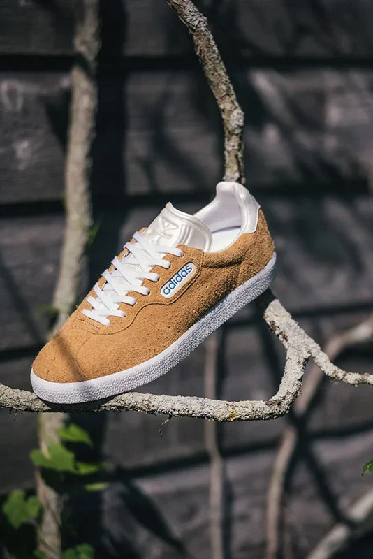 A tan and white Adidas sneaker hanging on a tree branch outdoors.