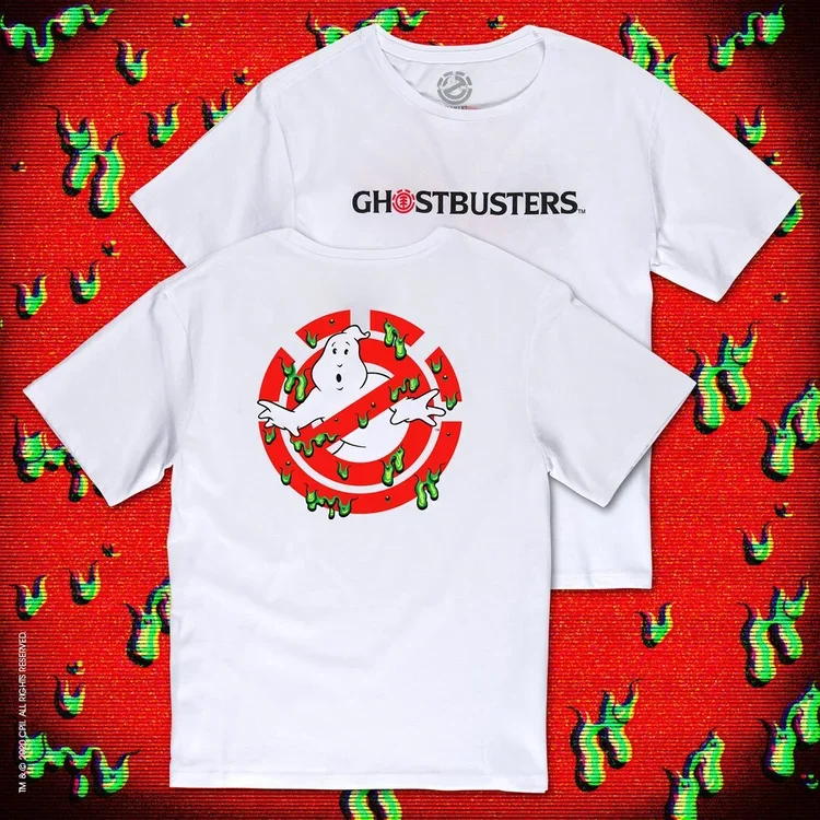 Two white T-shirts laid flat on a red background with green and black abstract shapes. One shirt features the 'Ghostbusters' logo with a ghost crossed out, and the other shirt features the 'Ghostbusters' logo text with a ghost inside the 'O'.