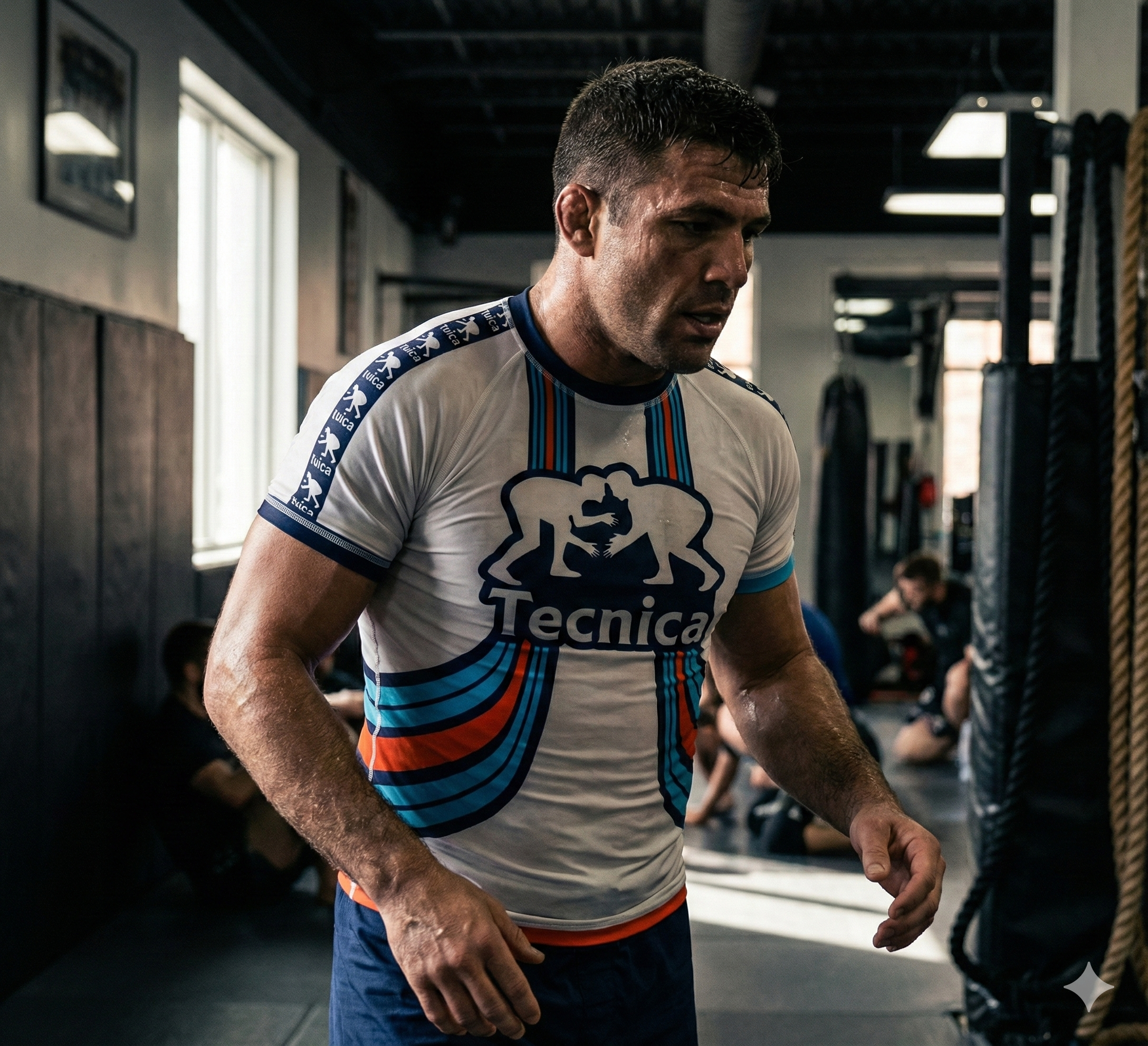 A man with short dark hair, wearing a white sports shirt with blue, orange, and black accents and the brand name 'Tecnica' on it, appears to be exhausted or in deep concentration in a gym. The gym has black and white walls, with large windows providi