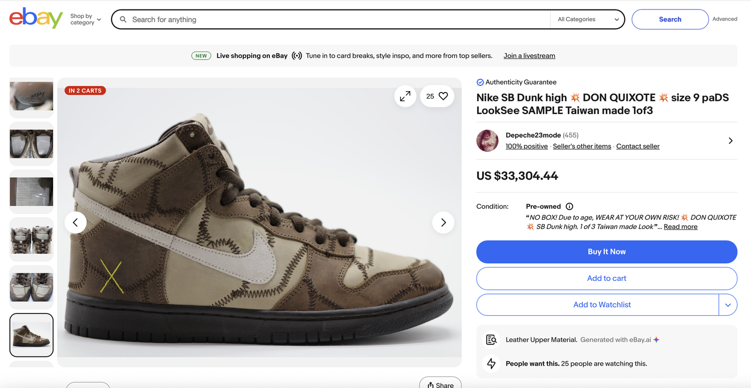 A beige and brown Nike SB Dunk High sneaker with a stitched patchwork design, white Nike swoosh, black sole, and yellow 'X' on the heel, shown from the side.