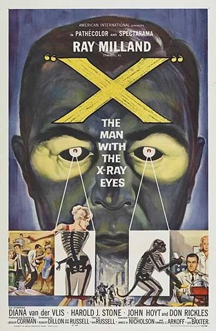 Movie poster for 'X the Man with the X-Ray Eyes' showing a large face with yellow-tinted glasses, with scenes of skeletons and people in medical or scientific settings underneath.