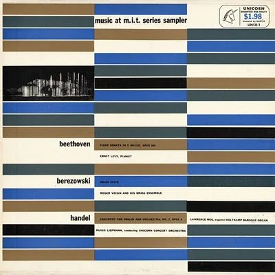 Album cover for Beethoven, Berezowski, and Handel classical music recordings with a striped blue, beige, white, and black design.