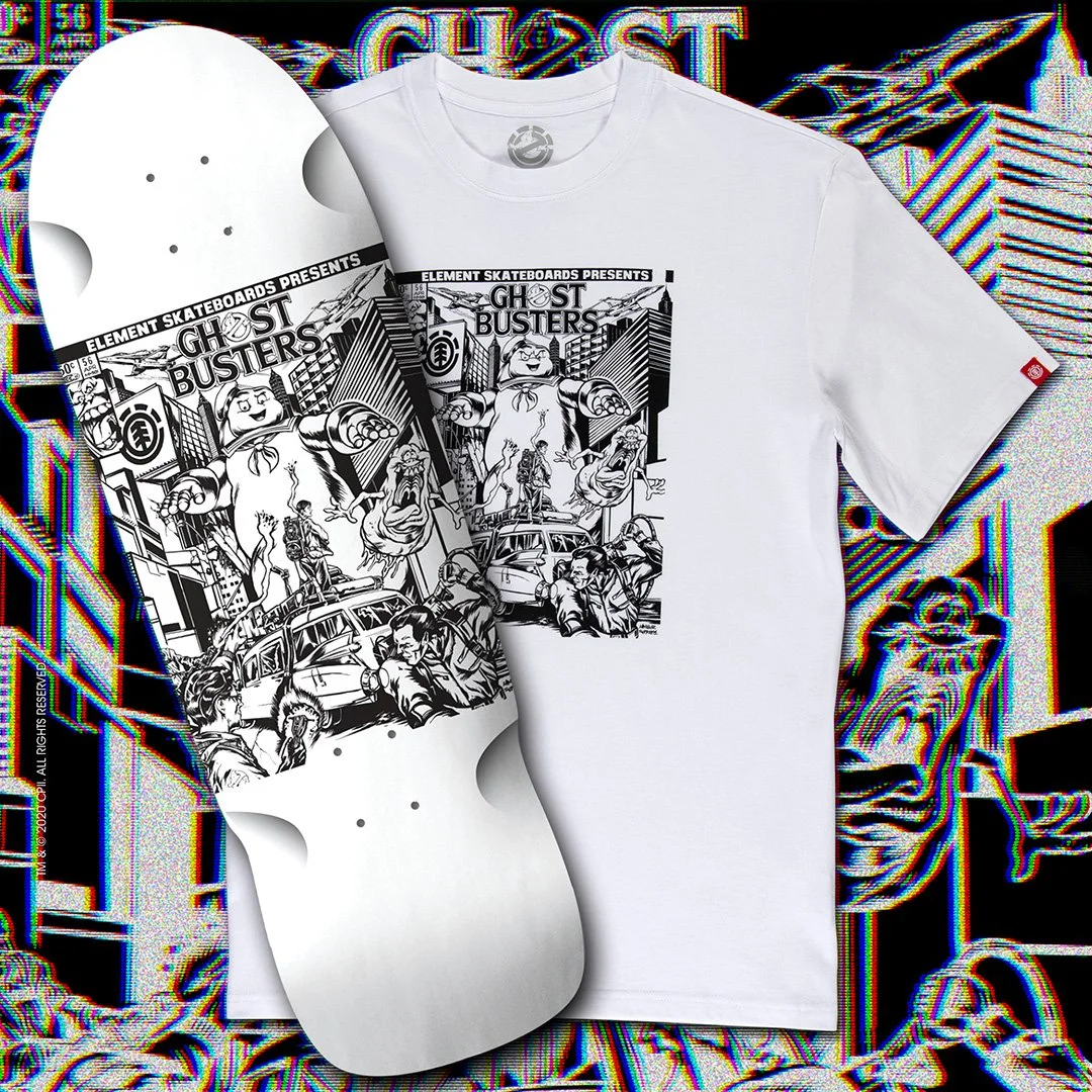 A skateboard and a white T-shirt featuring a black and white graphic design of Ghostbusters characters and scenes placed on a black background with colorful, distorted glitch effects.