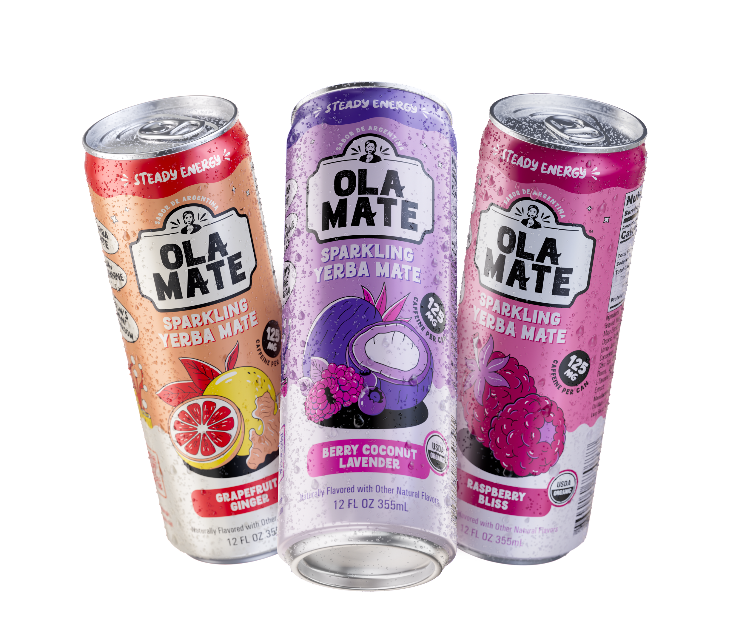 Three cans of OLÁ MATE sparkling yerba mate drinks with colorful packaging featuring fruit and berry graphics and water droplets, arranged side by side.