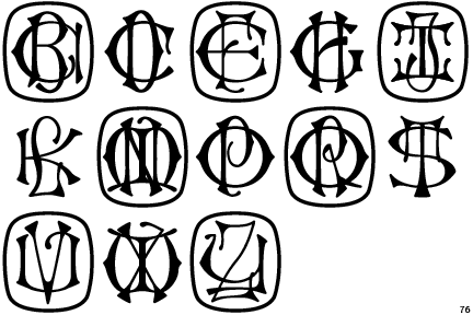 A series of 13 blackletter style monogram letters in circles, including B, C, E, G, H, K, N, O, P, S, V, W, and Z.