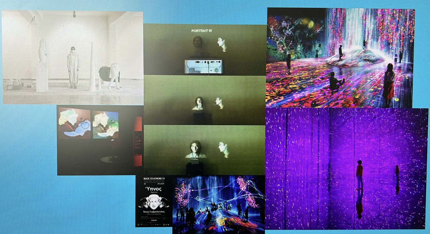 Collage of digital art installations and exhibits in a gallery, including immersive light displays, projection art, and a poster for an event or exhibition.