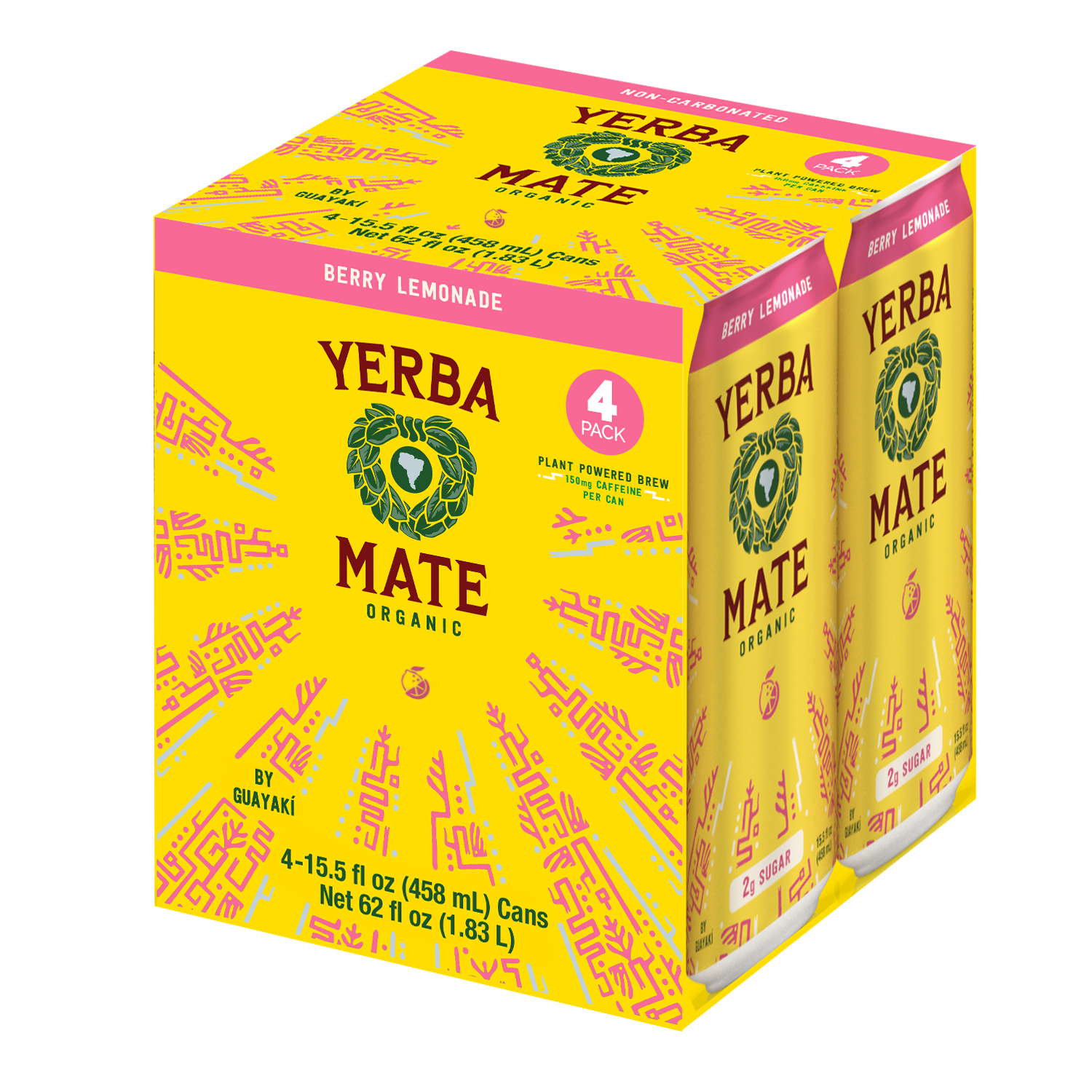 Four-pack of Yerba Mate organic berry lemonade flavored cans in yellow packaging with pink accents and decorative graphics.