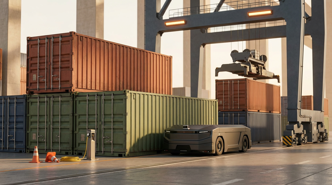 Animated scene of a futuristic warehouse or port with stacked shipping containers in orange, blue, and green. A robotic crane is lifting a container, and a robotic vehicle is nearby. Safety cones and an electric charging station are also visible.