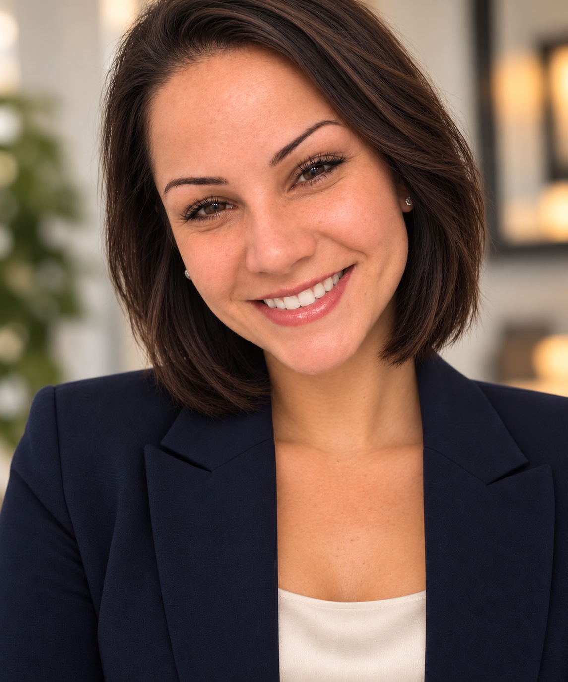 A woman with short brown hair smiling, wearing a navy blazer and earrings, in an indoor setting with blurred background.