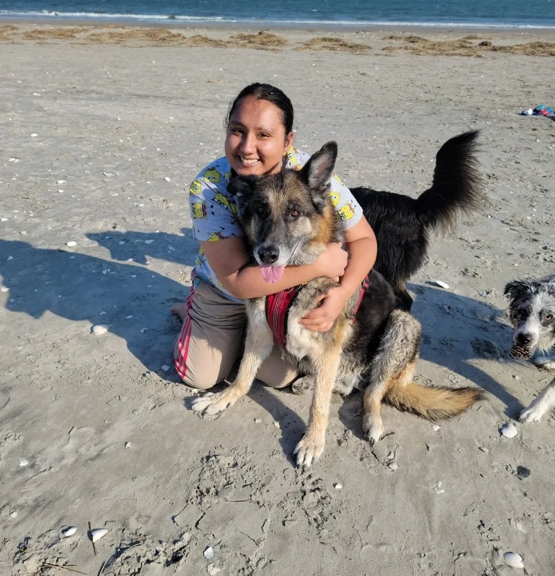 Woman kneeling on the beach, hugging a large mixed-breed dog with a tan, black, and white coat and floppy ears, while another dog with a black tail stands nearby and a third dog with a white coat and black markings is partly visible on the right.