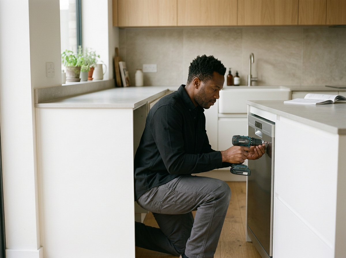 A man kneeling in a kitchen, using a drill to repair or install something in a dishwasher.