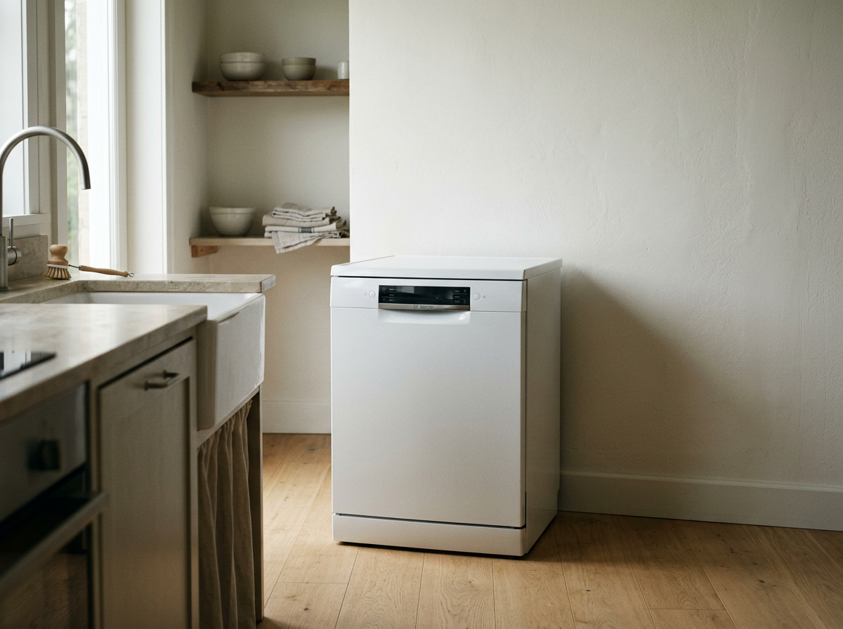 A white dishwasher in a kitchen next to a sink and countertop, with open shelving holding bowls and towels in the background.