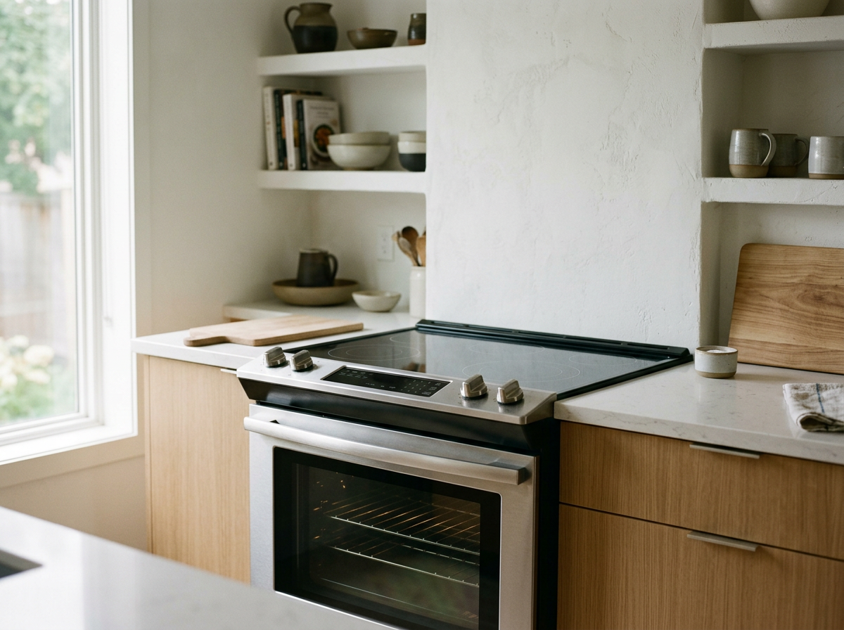 A modern kitchen with a stainless steel oven and stove top, wooden cabinets, open shelves with bowls, cups, and books, and a window with a view of trees.