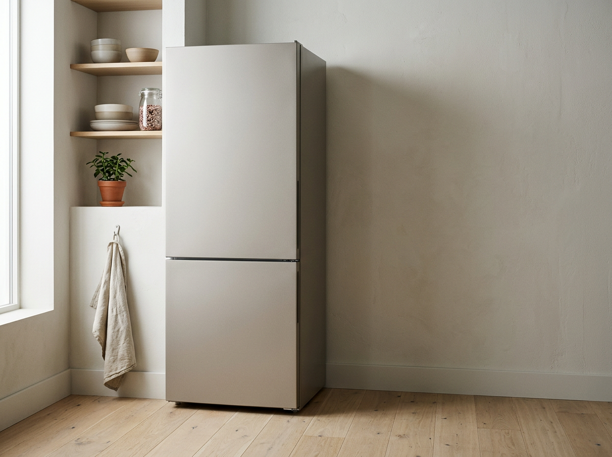 A silver refrigerator in a minimalist kitchen with wooden shelves containing bowls, a jar, and a potted plant, next to a window with natural light, and a beige towel hanging on a hook.