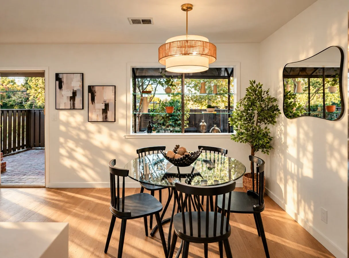A dining room with a round glass table and five black chairs. A bowl with decorative balls is on the table. There is a large window with a shelf holding vases and plants, and a glass door leading outside. A potted plant is in the corner. Artwork and 