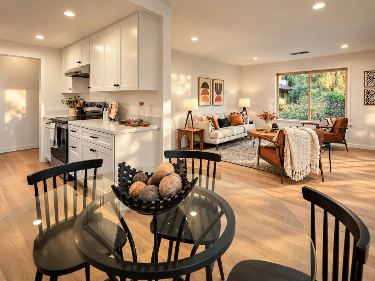 Open-concept living room and kitchen with wooden flooring, white cabinets, black appliances, a round glass dining table with black chairs, and a seating area with a beige sofa, rust-colored armchairs, and large window with a garden view.
