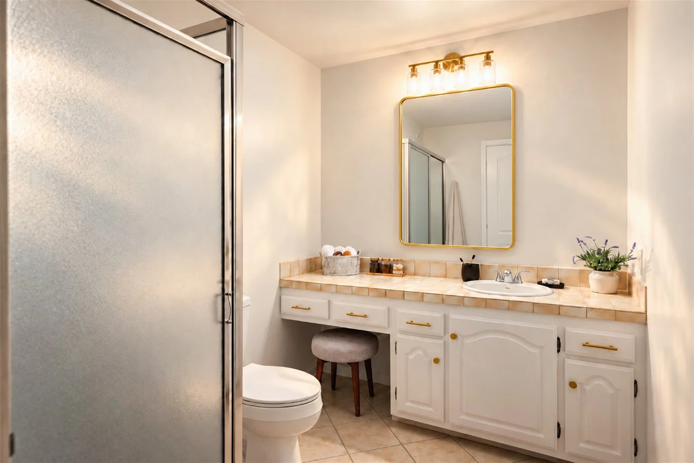 Bathroom with a frosted glass shower door, toilet, white vanity with gold hardware, large wall mirror with gold frame, and a potted plant on the counter.