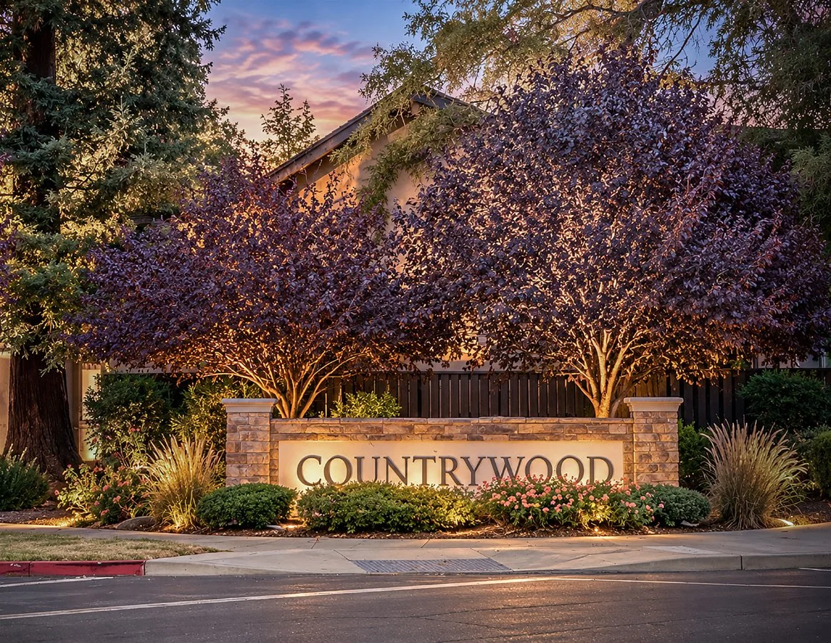 Entrance sign for Countrywood community with landscaped bushes and trees, illuminated at dusk.