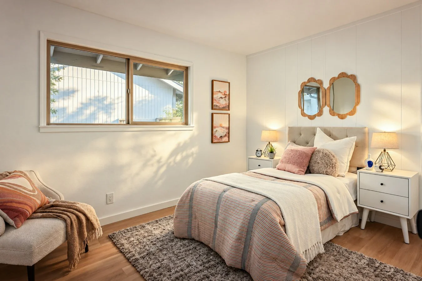 A cozy bedroom with a large window, a bed with pink and beige bedding, two white nightstands with lamps, a beige armchair with a blanket and pillow, and framed artwork on the wall.