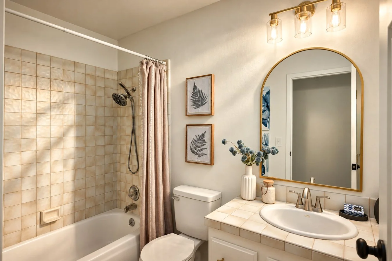 A bathroom with a bathtub and shower on the left, a white toilet, a vanity with a sink and a mirror, surrounded by decorative elements and framed botanical prints on the wall.