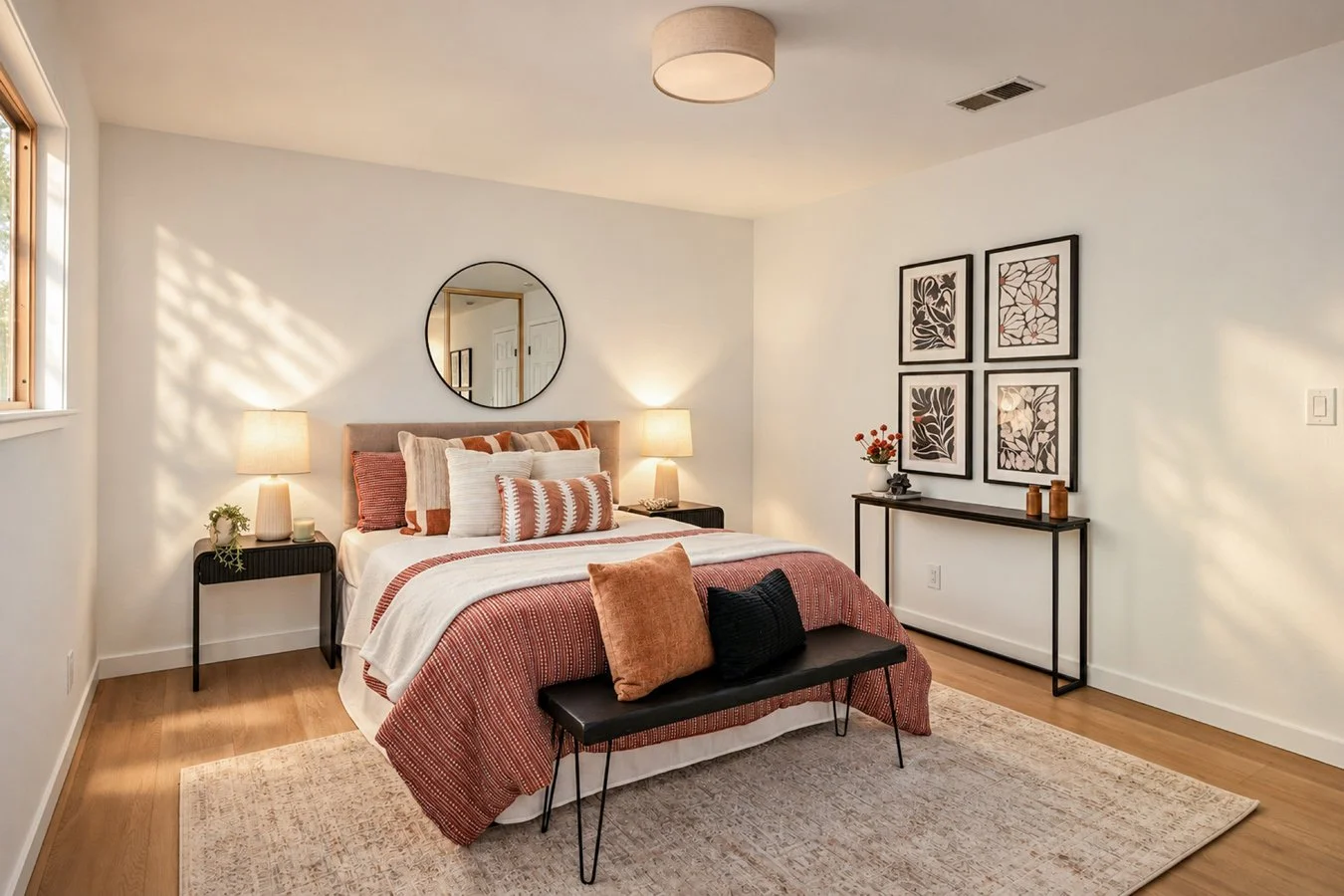 A cozy bedroom with a bed decorated with white, orange, and black pillows, a beige headboard, and a patterned red quilt. Two black nightstands with lamps flank the bed. A round mirror hangs above the bed, and a black console table with four framed bo