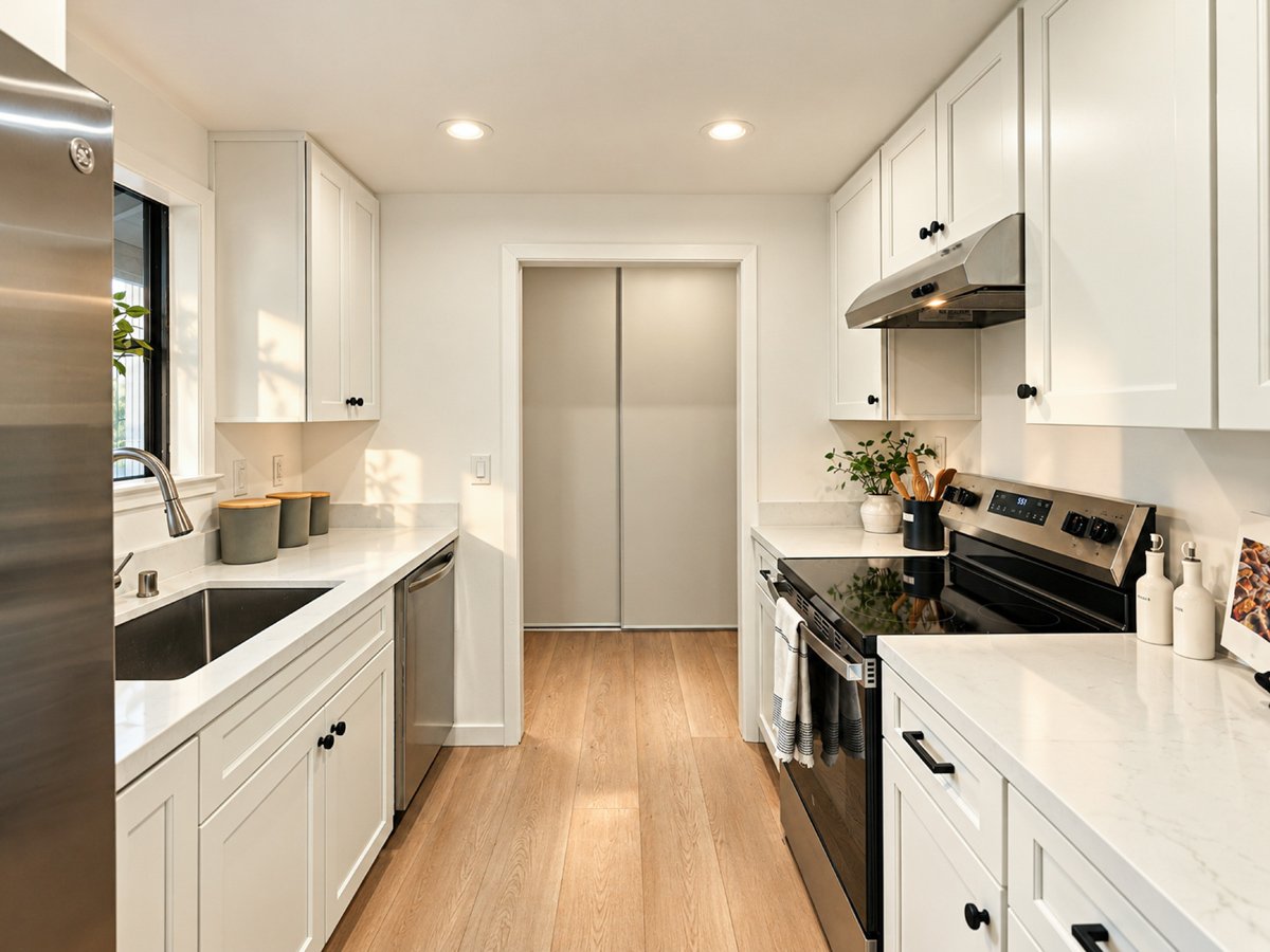 Modern white kitchen with wooden floor, black and stainless steel appliances, and decorative items on the counter.