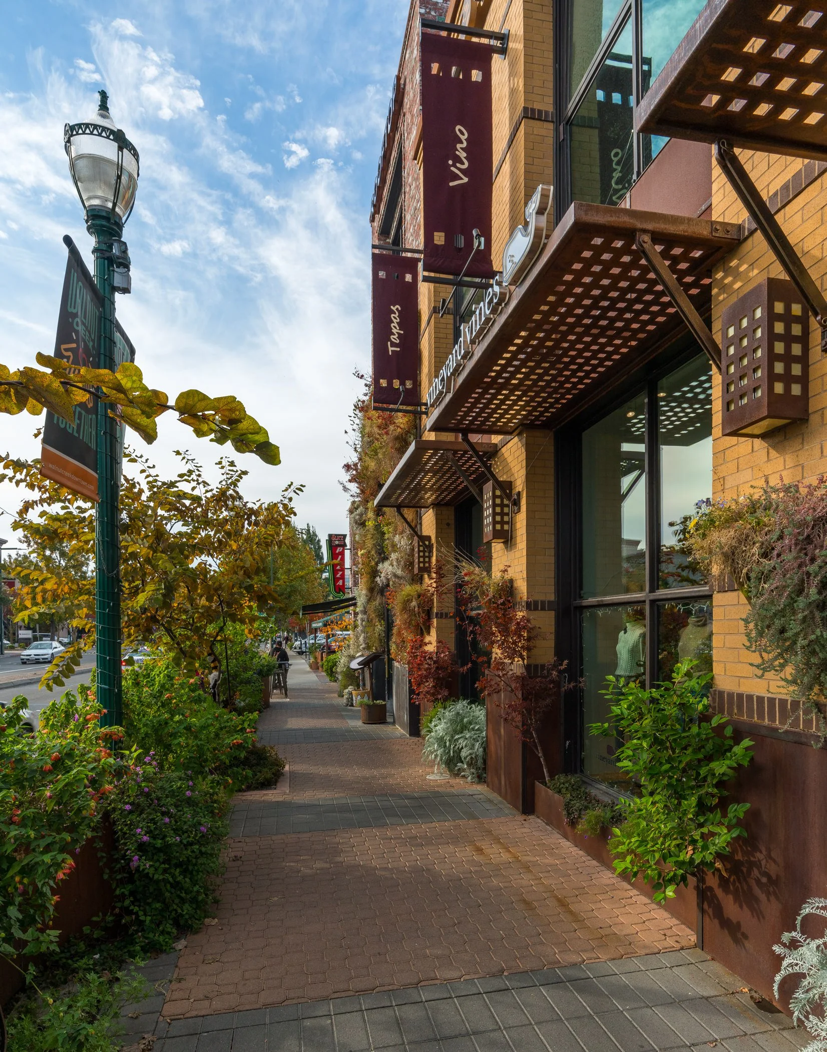 A sidewalk lined with plants and flowers leads past a row of businesses on a sunny day. There are signs for a tapas restaurant called 'Vino' and a pizzeria, with a decorative streetlamp on the left.