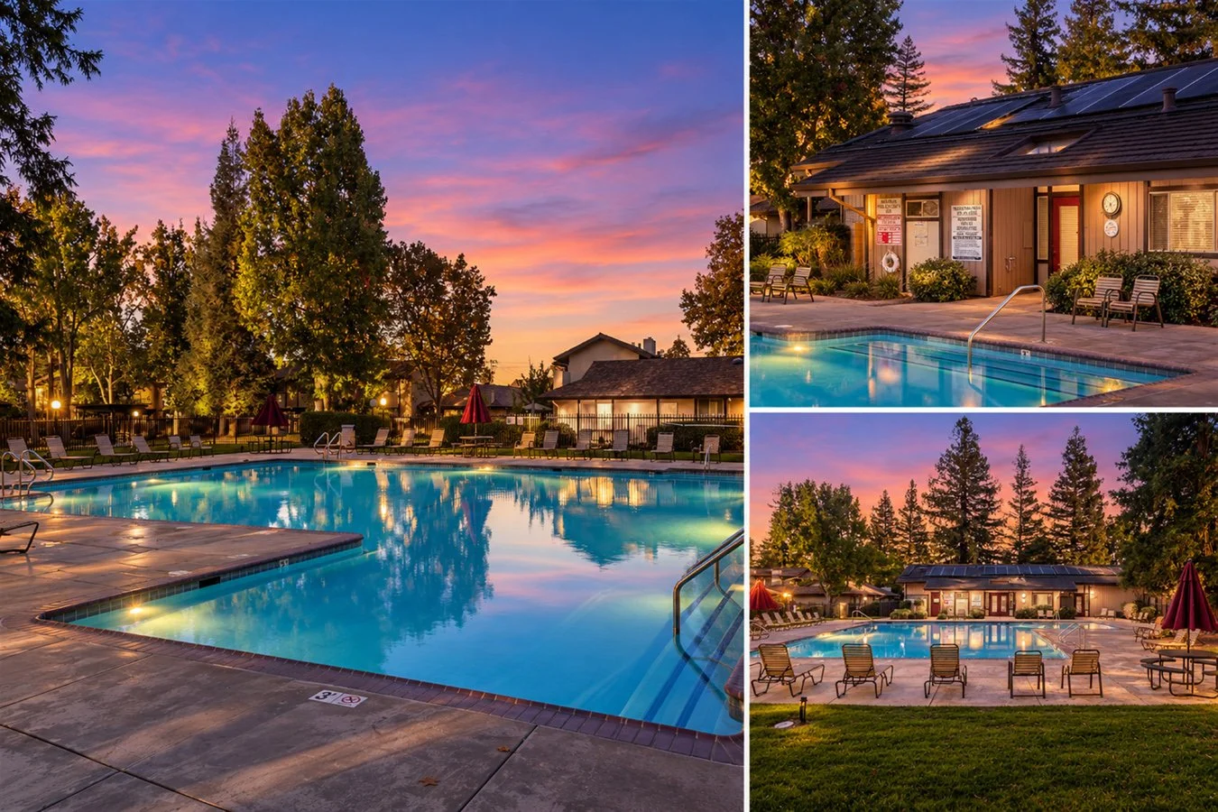 Three photos of a swimming pool area at sunset. The first photo shows the pool with trees, lounge chairs, and a colorful sky reflected in the water. The second photo shows a building with solar panels and a swimming pool in front, illuminated by the 