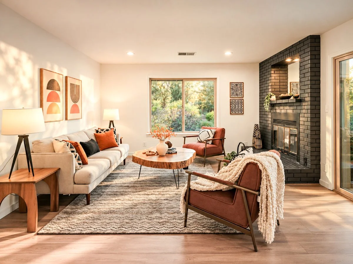 Bright living room with a beige sofa, two wooden side tables with lamps, two orange armchairs, a round wooden coffee table with a vase of flowers, a fireplace with black brick surround, artwork on the walls, a large window with greenery outside, and 