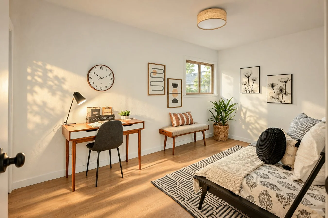 Cozy living room with a small desk and chair, wall clock, framed wall art, window, plant, and a daybed with pillows and a rug.
