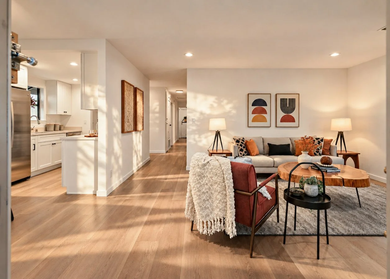 Living room with a beige sofa, decorative pillows, two side tables with lamps, and wall art. A red armchair with a throw blanket is nearby. Wooden coffee table and a small black side table with plants are in the room. The space is illuminated by natu