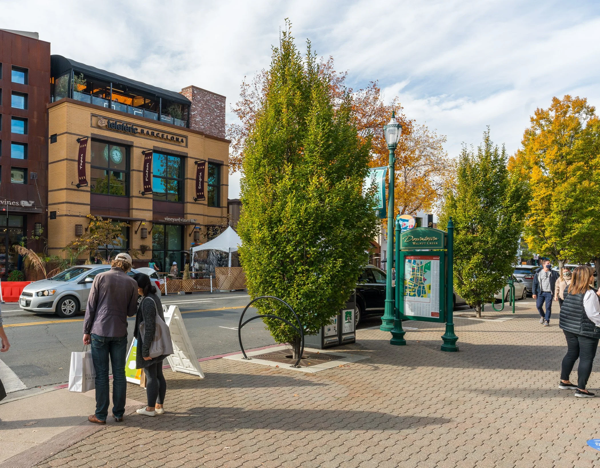 People walking in downtown Walnut Creek near storefronts, trees with fall foliage, and a street lamp.