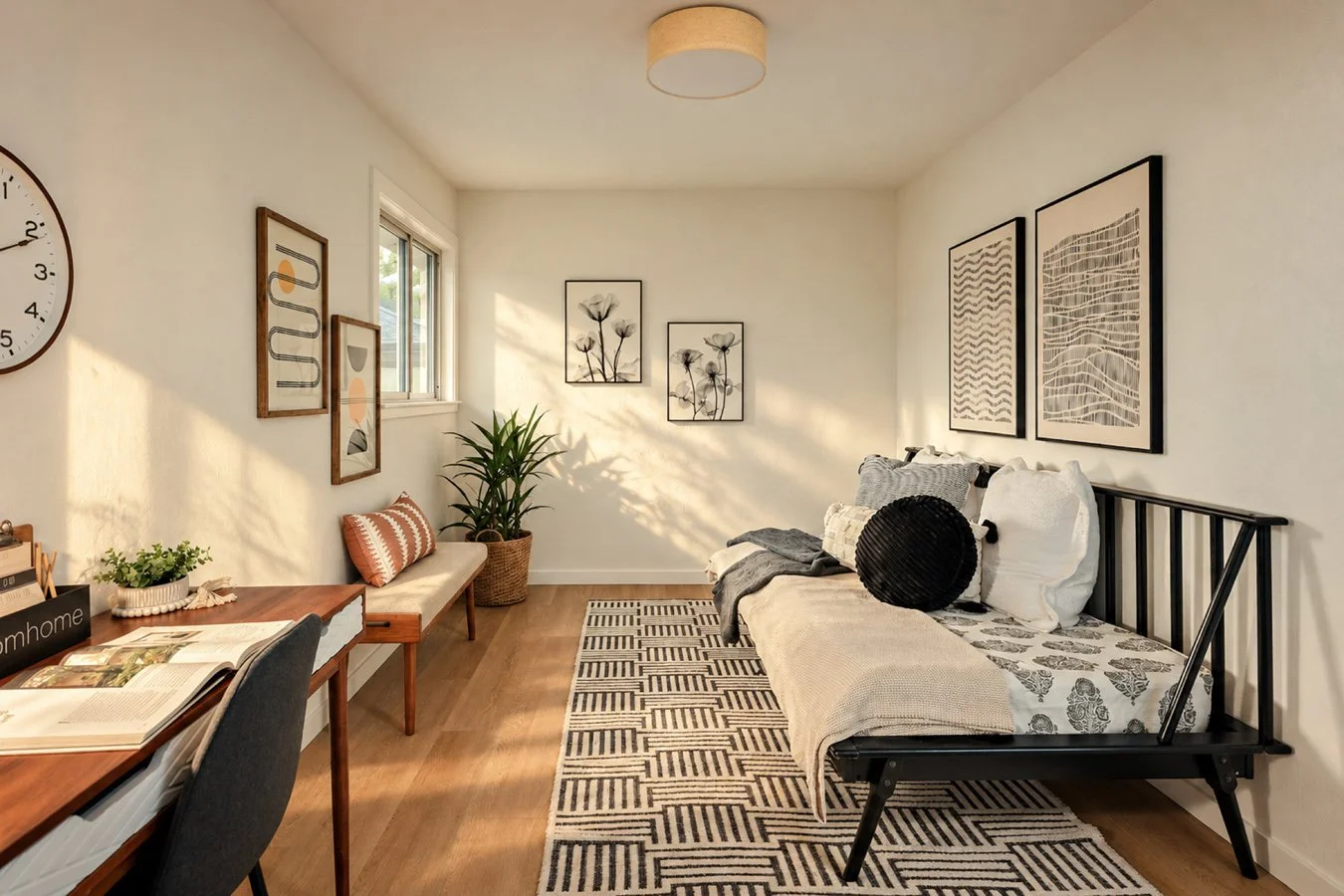 Bright living room with white walls, wooden floor, and black metal daybed with decorative pillows. Art prints hang on the walls, and a wooden bench with cushions and plants is near a window. A patterned black and white rug is on the floor.