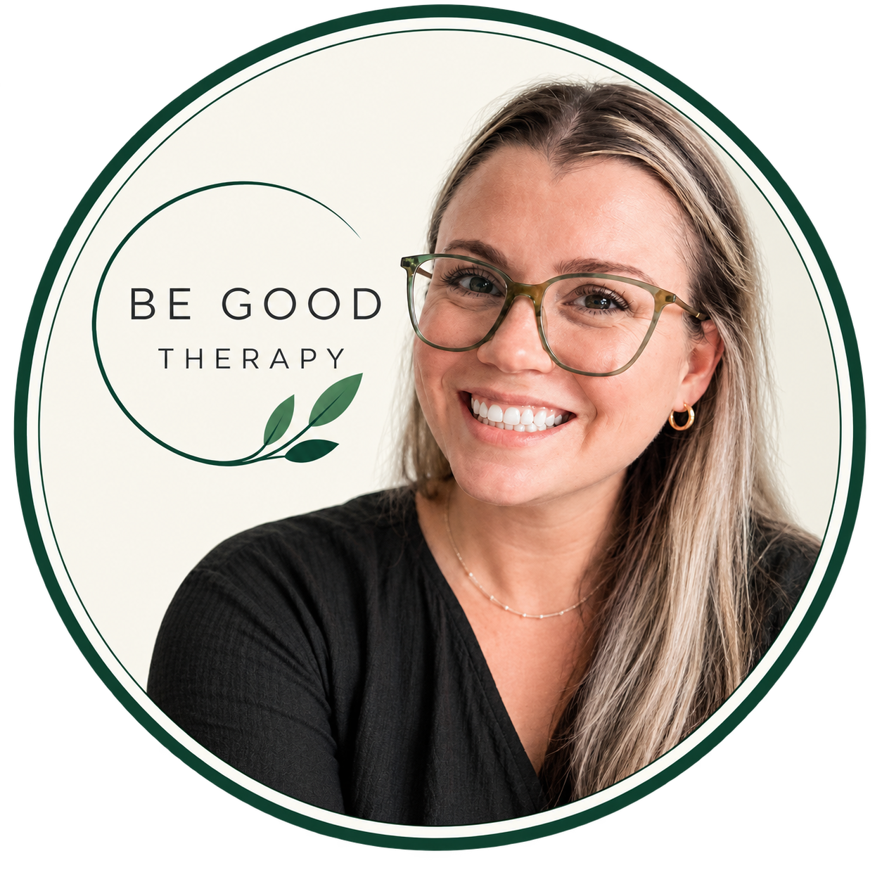 Smiling therapist wearing glasses beside the Be Good Therapy logo