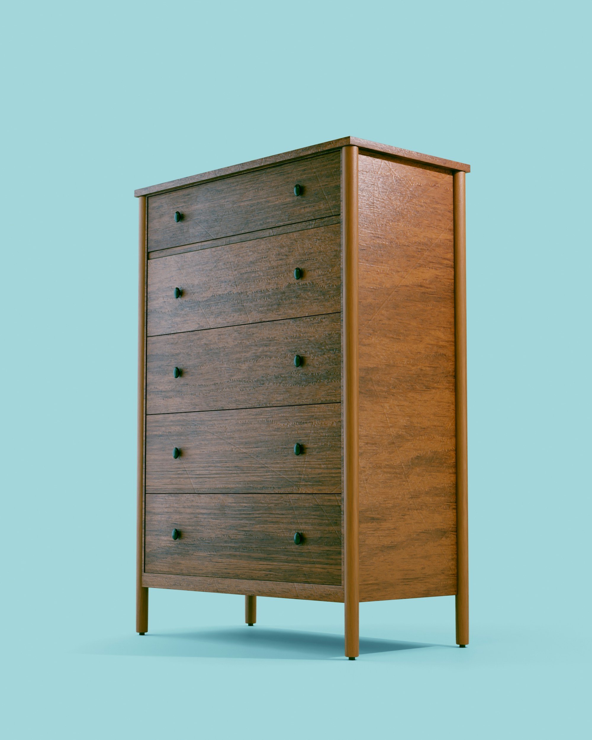 A mid-century modern wooden dresser with four drawers and black knobs, standing on four rounded legs, set against a light blue background.