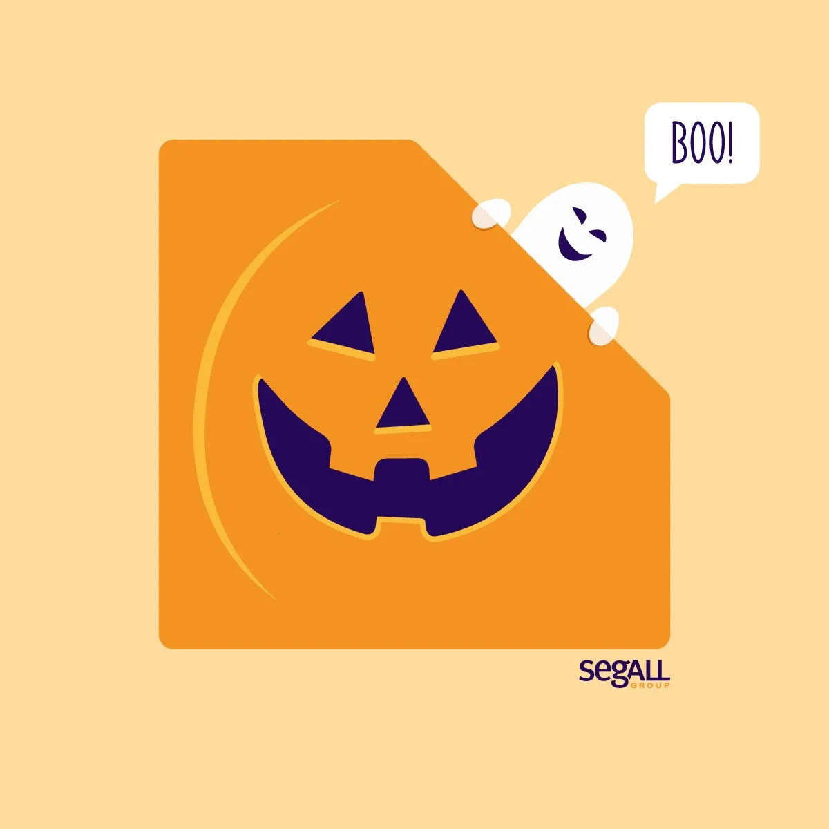A cartoon illustration of a pumpkin with a carved face and a small ghost popping out, saying 'BOO!'. The pumpkin is orange with a dark face, and the ghost is white with a happy expression. The background is light beige with a small logo reading 'Sega