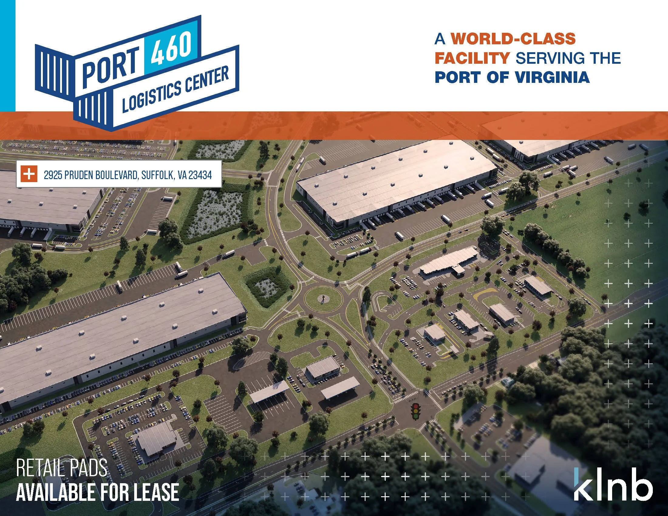 Aerial view of a large logistics center with multiple buildings, parking lots, green areas, and roads, with overlay text indicating general information about the facility.