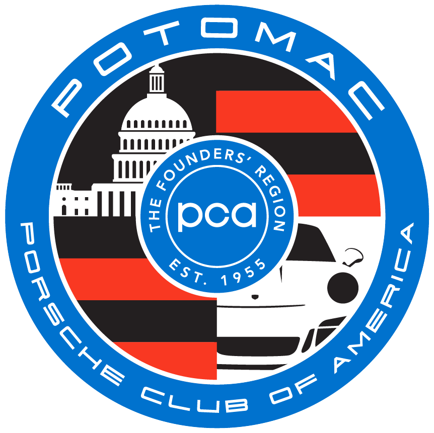 A circular logo for the Porsche Club of America, featuring a stylized race car, the U.S. Capitol building, and the American flag, with blue, black, and red colors, and text reading 'Porsche Club of America,' 'The Founders' Region,' and 'EST. 1955.'