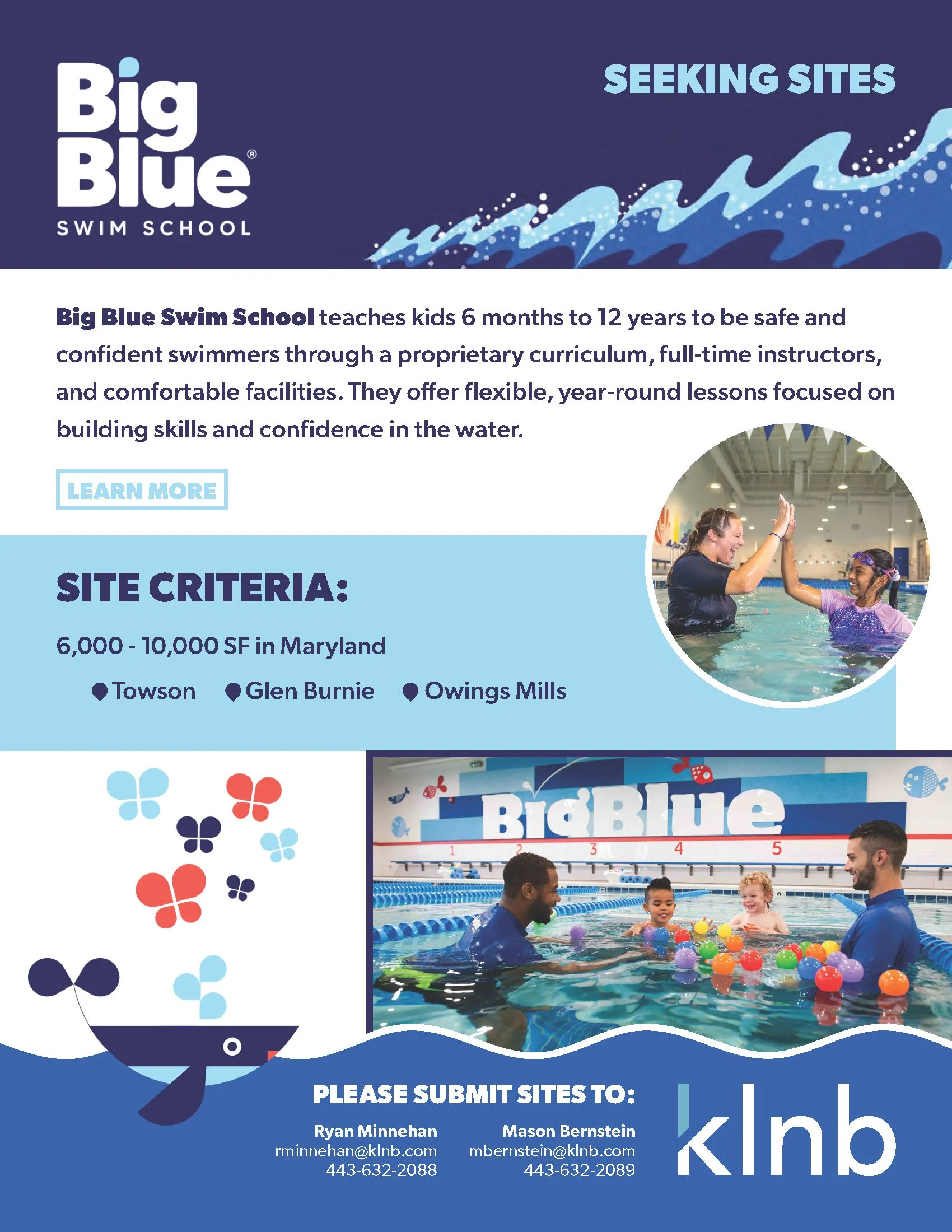 An informational flyer for Big Blue Swim School featuring images of children participating in swimming activities, including a girl and an instructor playing with colorful balls in the pool. The flyer highlights the school's mission to teach kids age