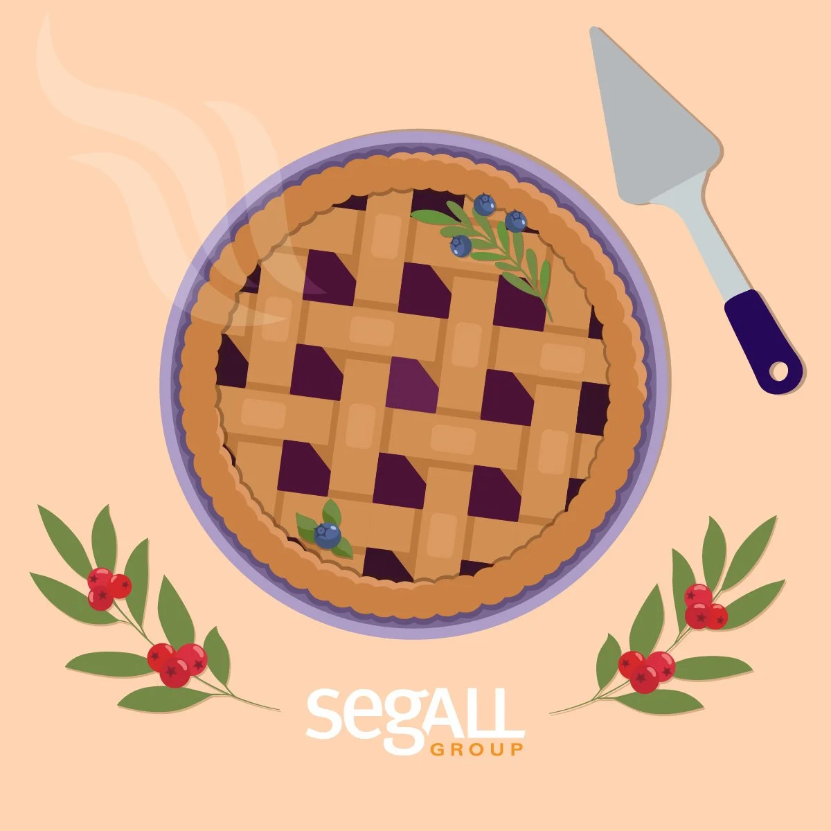 A blueberry pie with a lattice crust, decorated with blueberry and green leaf garnish, with a pie server nearby on a light-colored surface, and red berry branches at the bottom with green leaves, featuring the logo 'Segall Group' at the bottom.