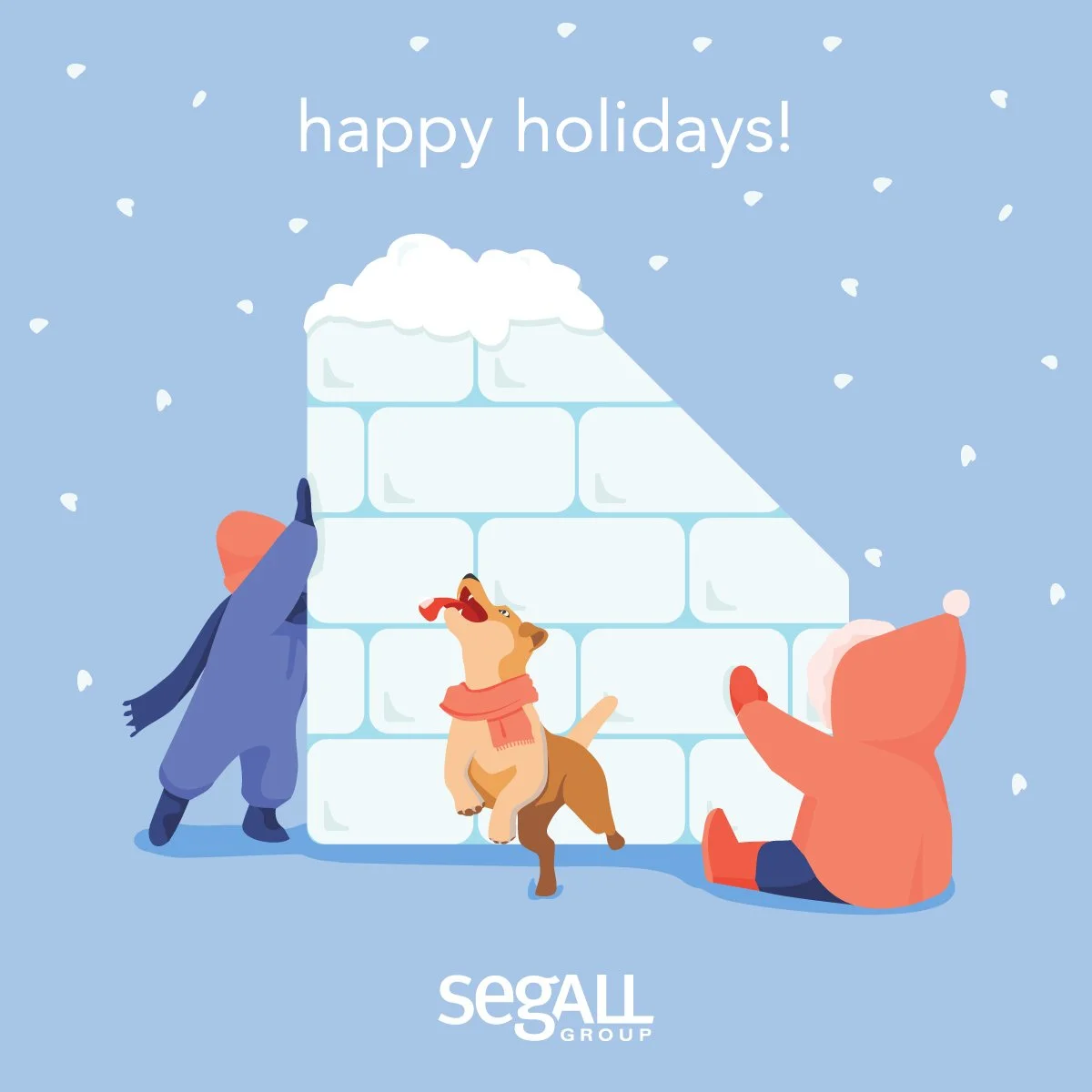 Children building an igloo with snow and ice blocks, with snow falling in the background, and the text "happy holidays!" at the top.
