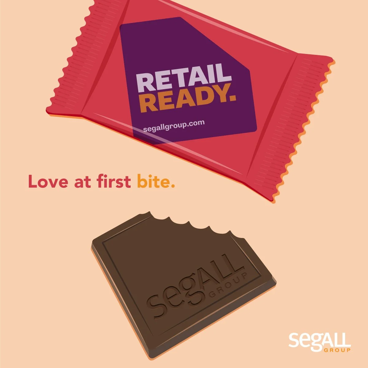 A promotional image for Segall Group featuring a red candy wrapper with the text 'RETAIL READY.' and the website segallgroup.com, and a piece of dark chocolate with the Segall Group embossed on it. The slogan 'Love at first bite.' is written below.