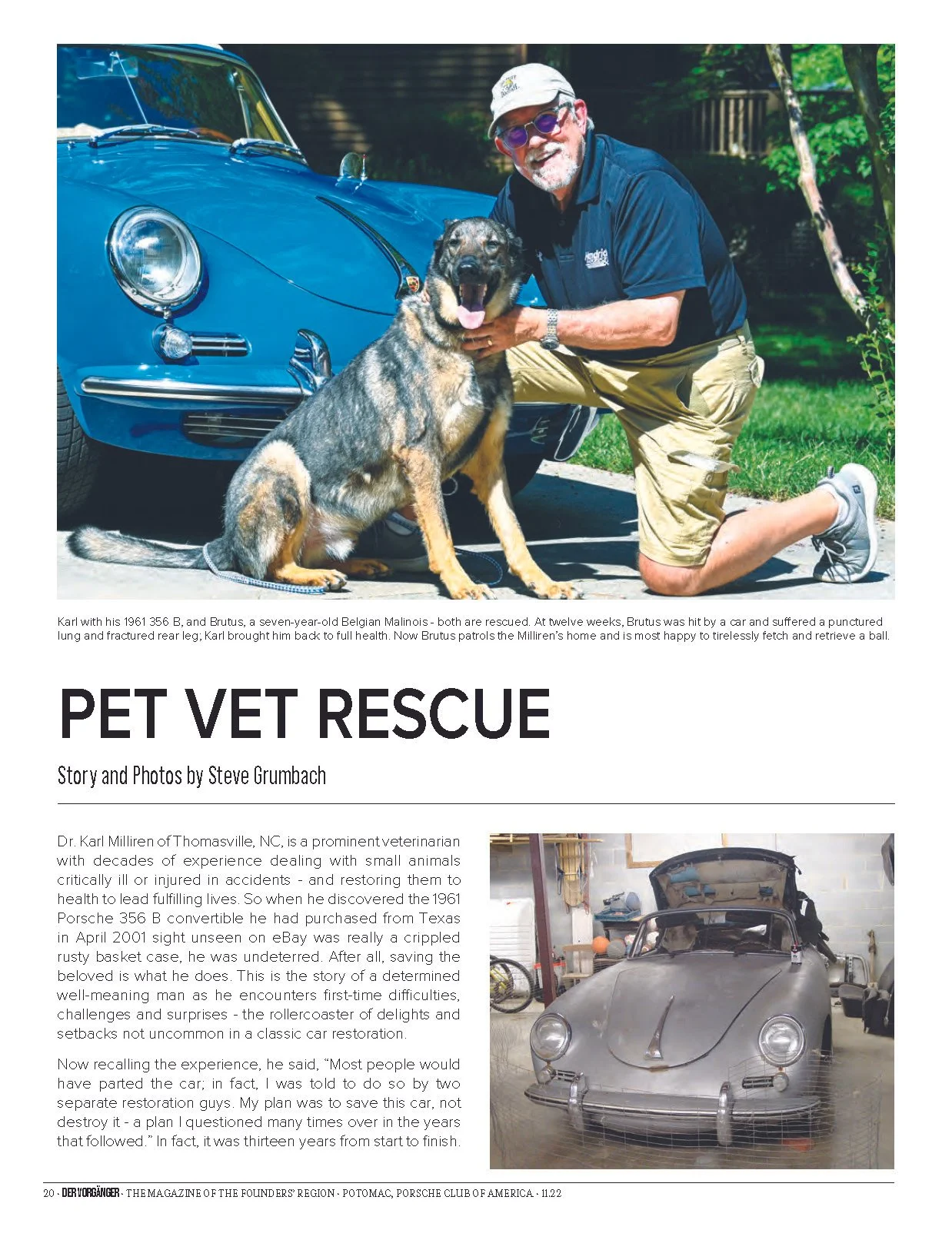 A man in sunglasses and a cap kneeling next to a large German Malinois puppy in front of a blue vintage car. The man is smiling and holding the puppy's neck, the puppy's tongue is out.