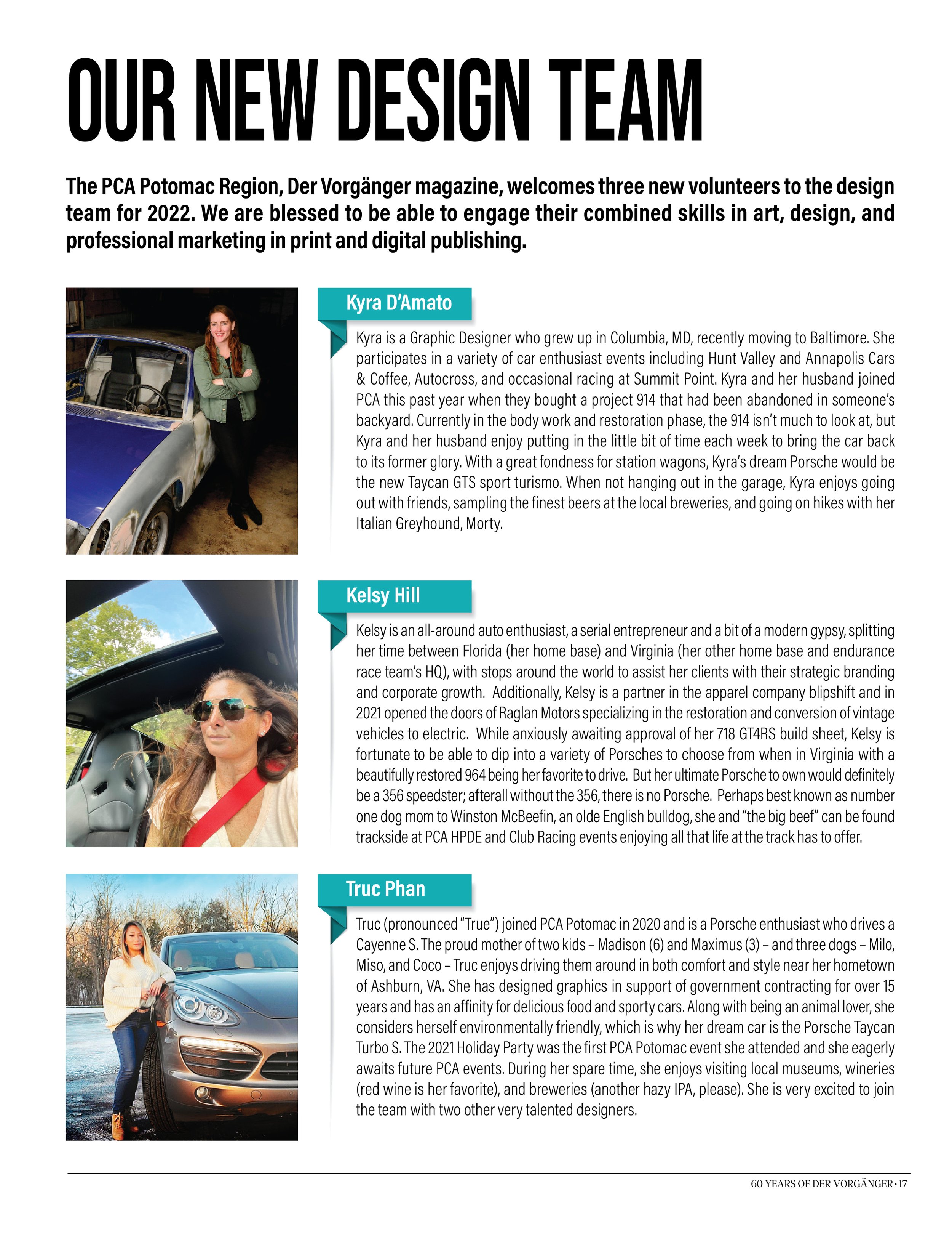 Page from a magazine featuring three women with their cars, each with a profile photo and biography. The top section introduces a new design team for 2022, including Kyra D'Amato, Kelsy Hill, and Truc Phan, with details about their backgrounds and in