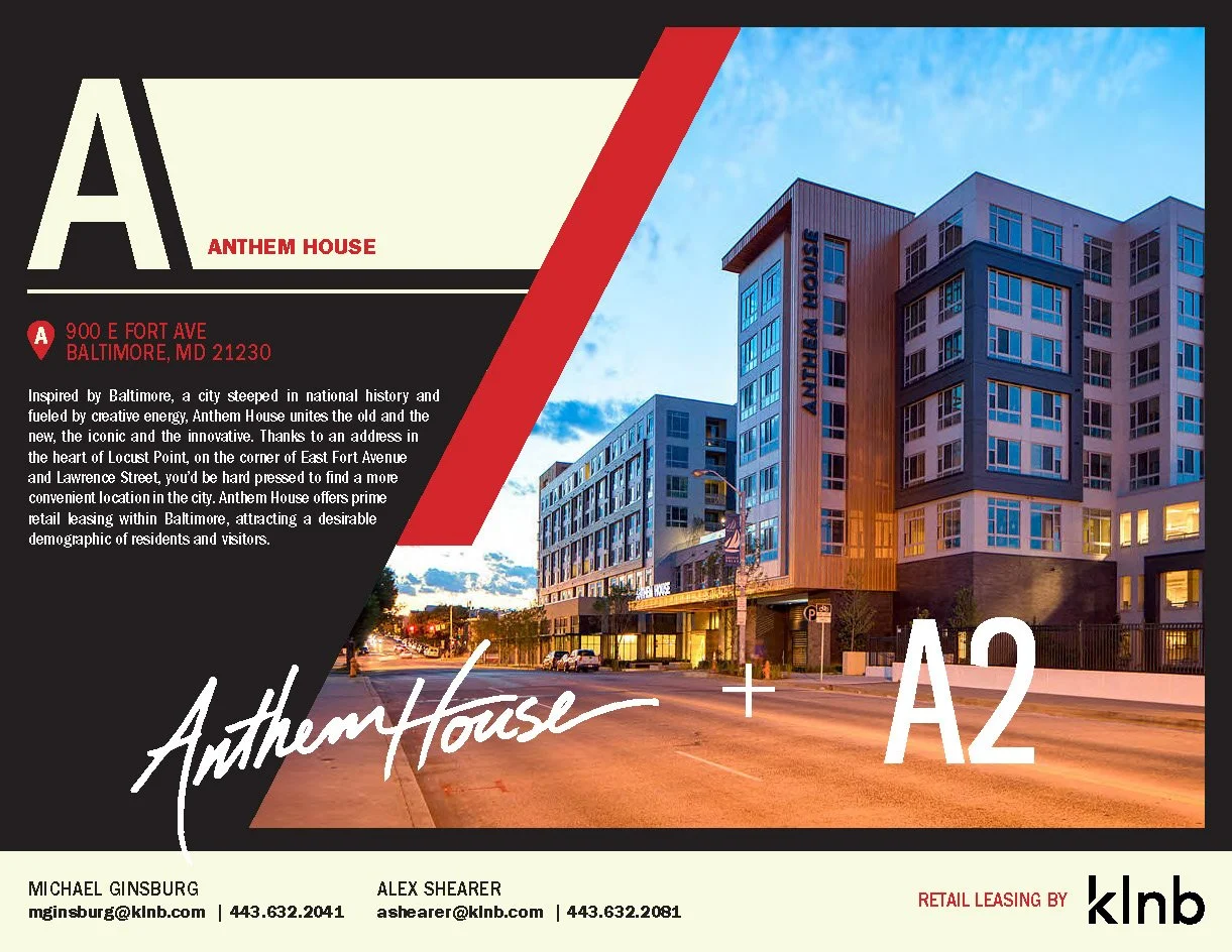 Promotional flyer for Anthem House, a modern residential building in Baltimore, Maryland, with contact details and a photo of the building.