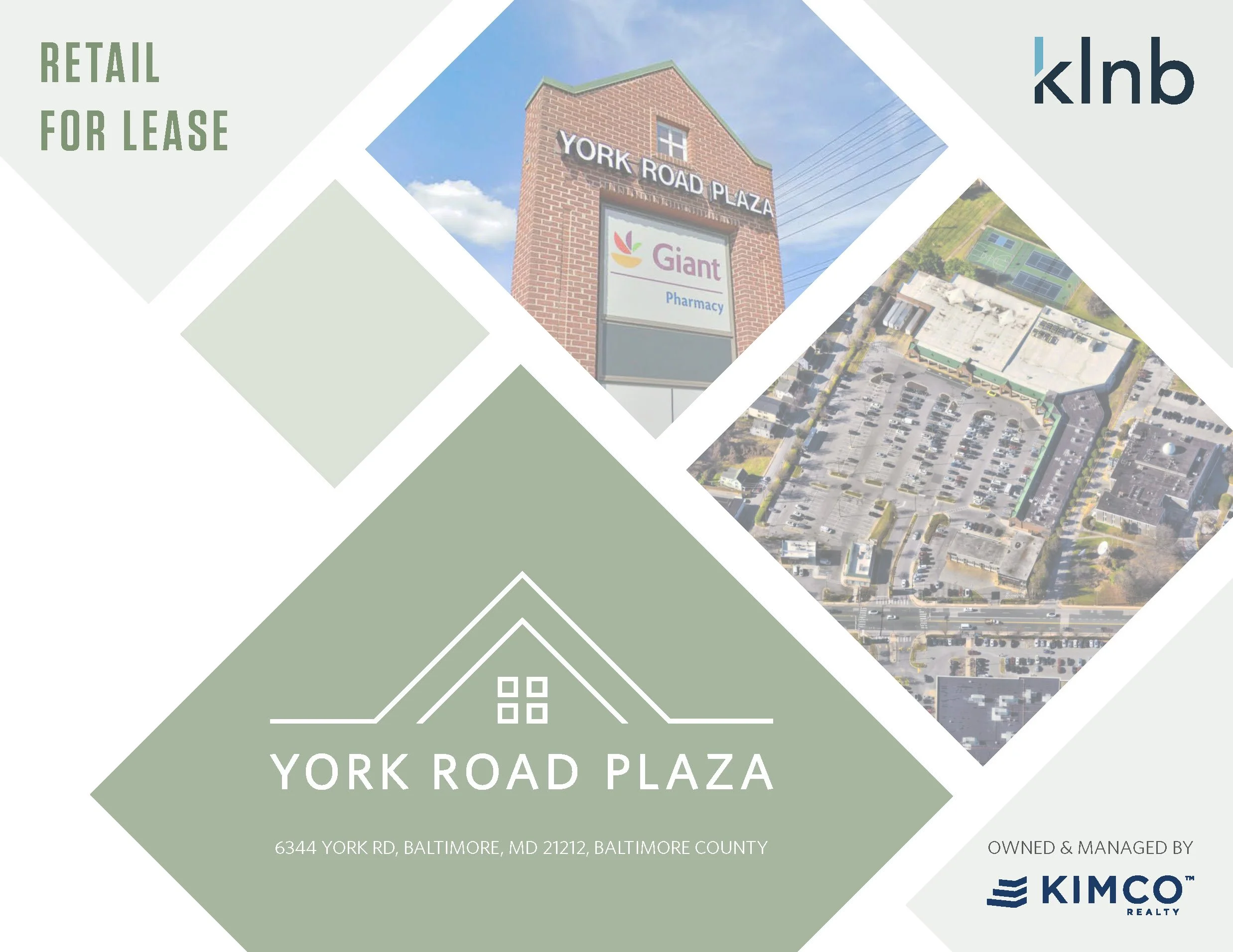 Real estate flyer advertising retail space for lease at 6344 York Road, Baltimore, MD 21212, featuring the York Road Plaza building with signage from Giant Pharmacy and aerial view of the surrounding parking lot and area, noting it is owned and manag