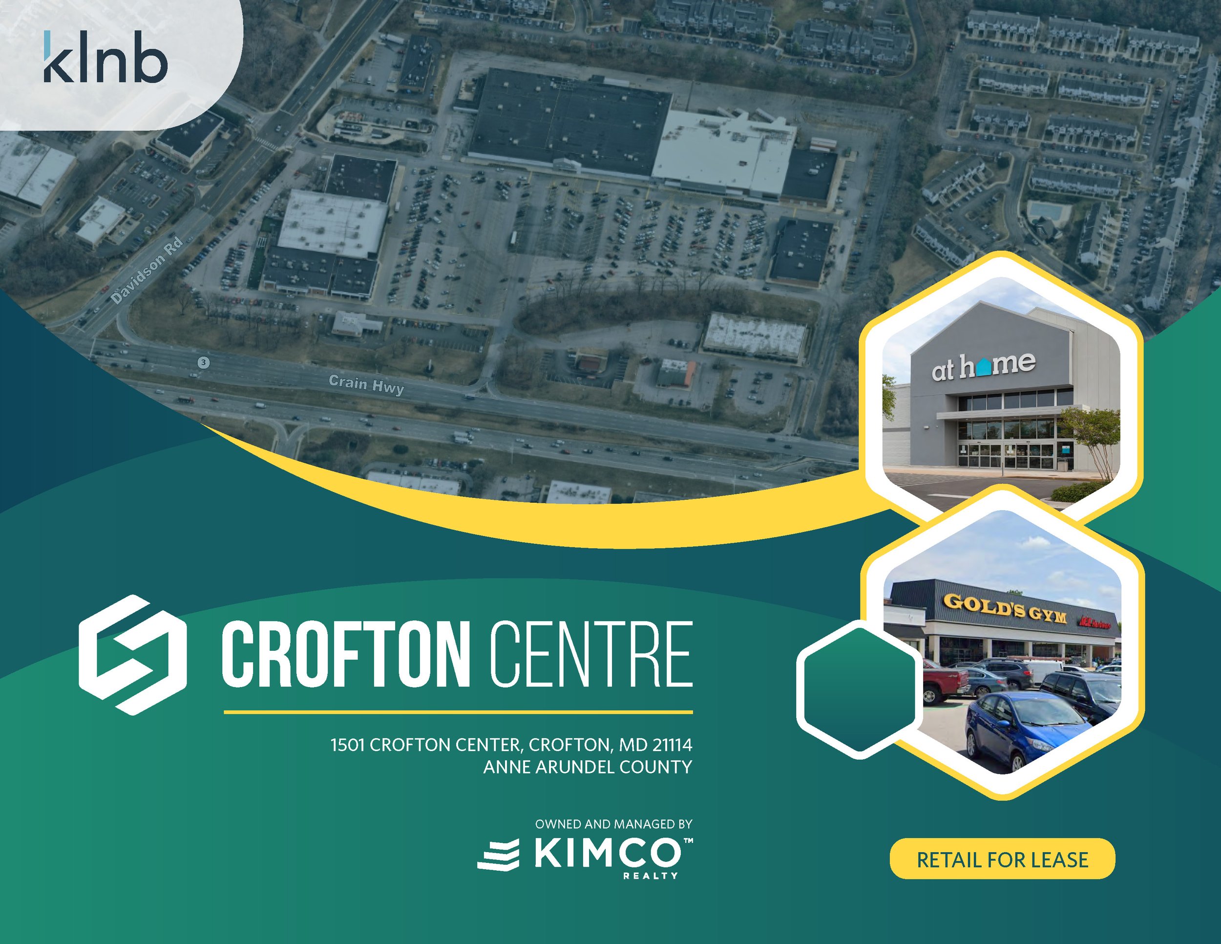 Aerial view of Crofton Centre shopping mall with parking lot and surrounding roads in Crofton, Maryland, USA.