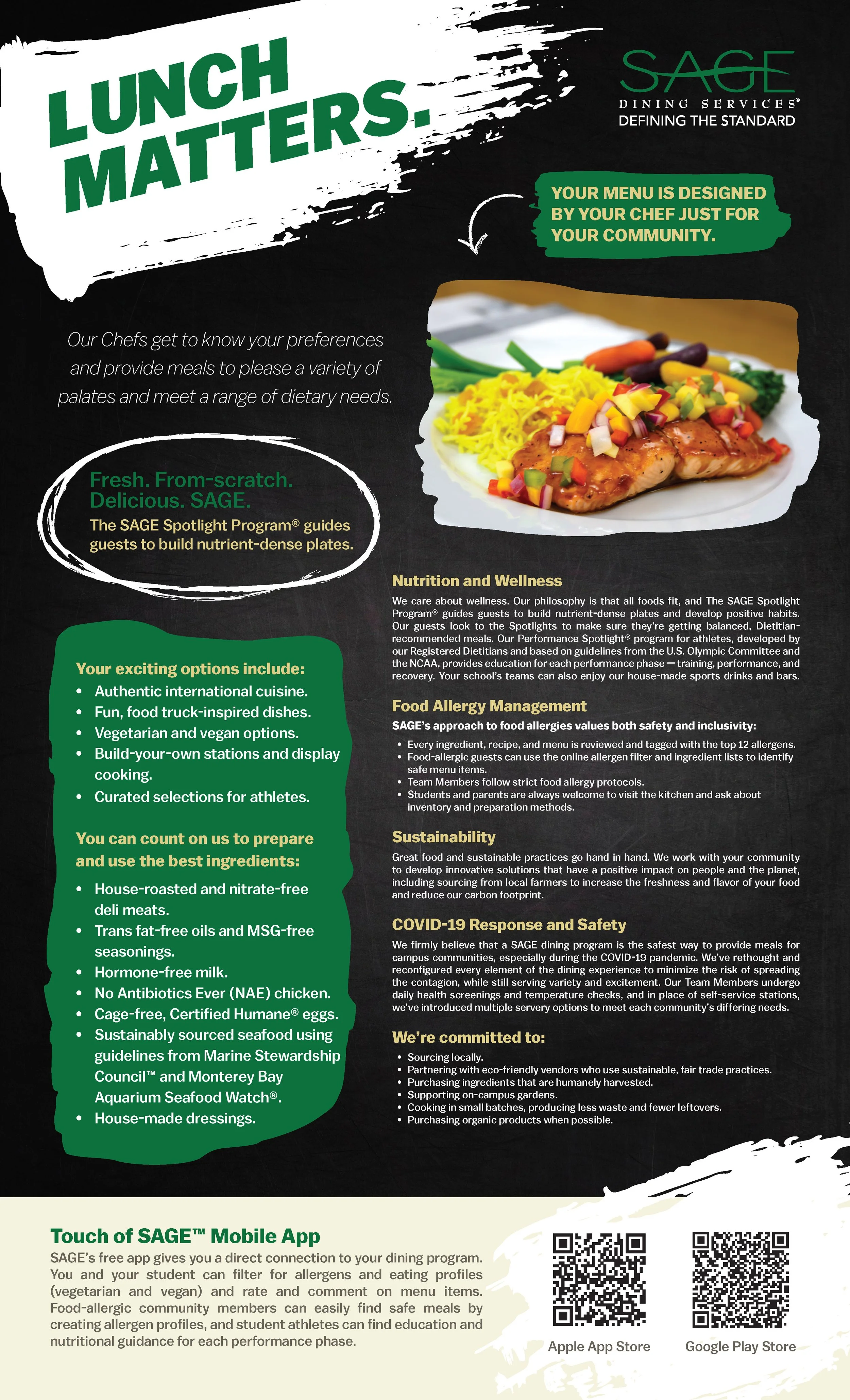 A colorful flyer promoting a school dining program, featuring the slogan 'Lunch Matters' in large green letters, a plate of food with rice, chicken, and vegetables, and various sections describing menu options, nutrition, allergies, sustainability, COVID-19 safety, and a QR code for the SAGE mobile app.
