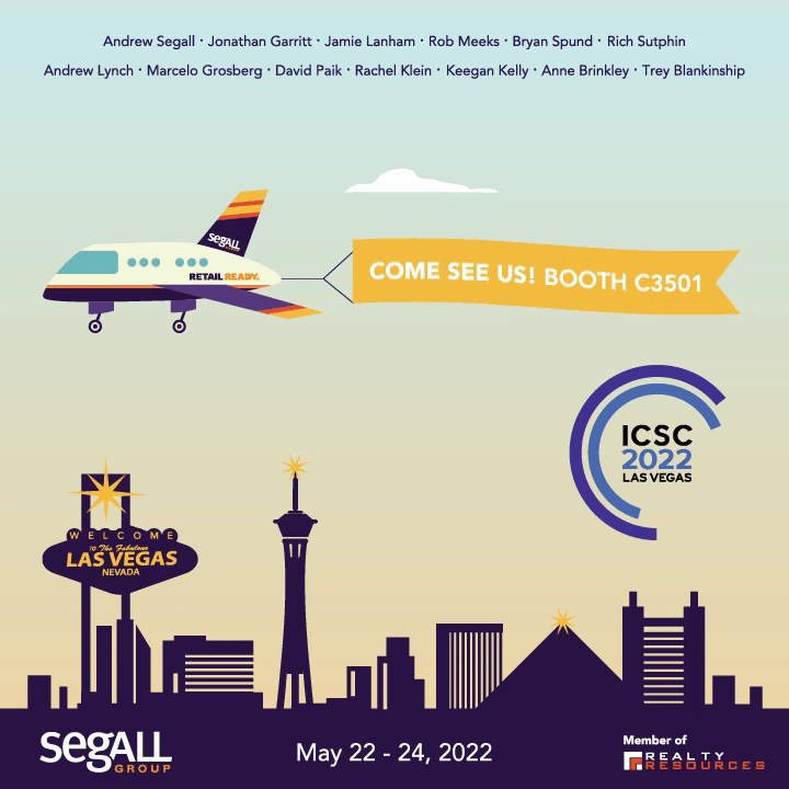 Illustration of an airplane with colorful tail and the words "RETAIL READY" on it, flying above a Las Vegas cityscape with notable landmarks and a welcome sign. Text invites to visit booth C3501 at the ICSC 2022 conference in Las Vegas, held from May