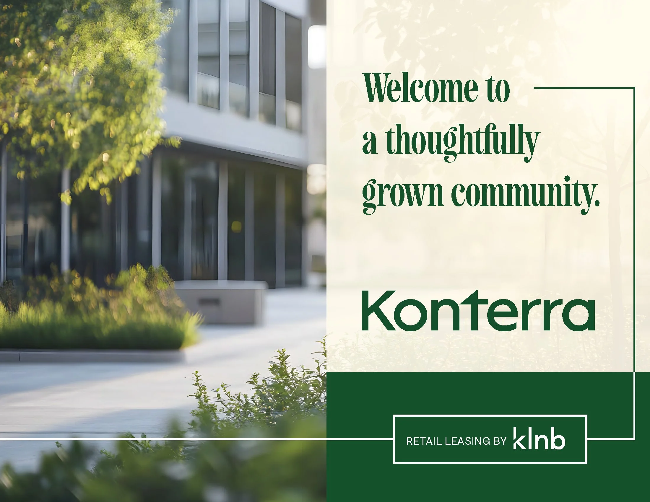 A modern building with large glass windows partially obscured by green and yellow foliage, accompanied by a welcoming message text overlay about a thoughtfully grown community.